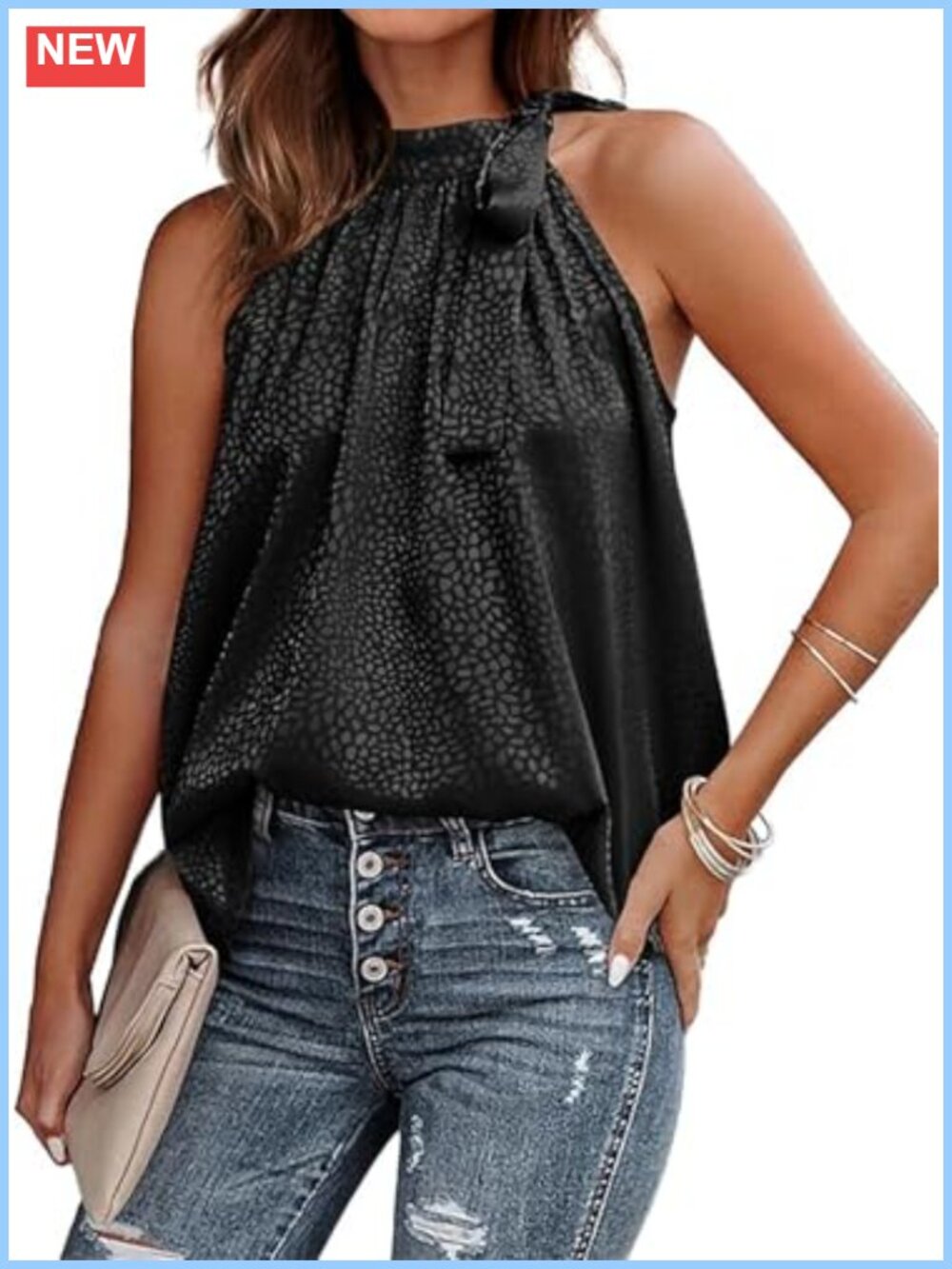 Satin Halter Tank Top Sleeveless Mock Neck Side Tie Loose Fit Women's